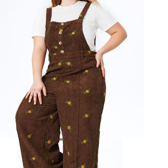 2X Plus Size Cider Brown Corduroy Floral Embroidered Bibs Hippie Boho - Picture 3 of 6